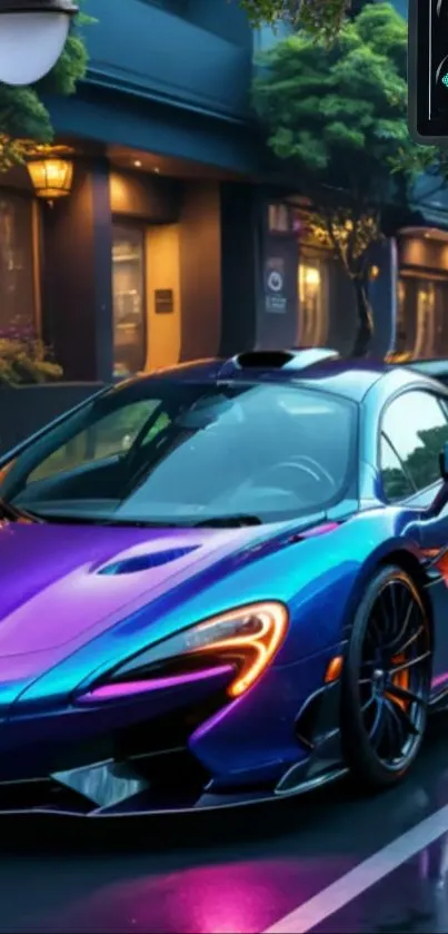 Vibrant metallic supercar on a city street at night.