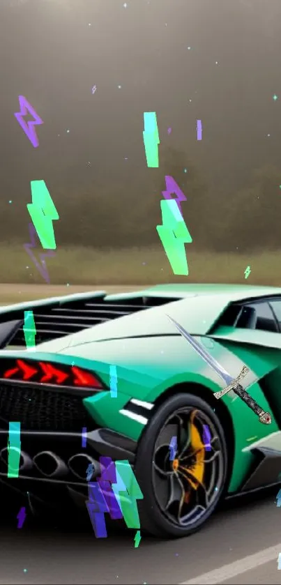 Green supercar with vibrant geometric design on the road.