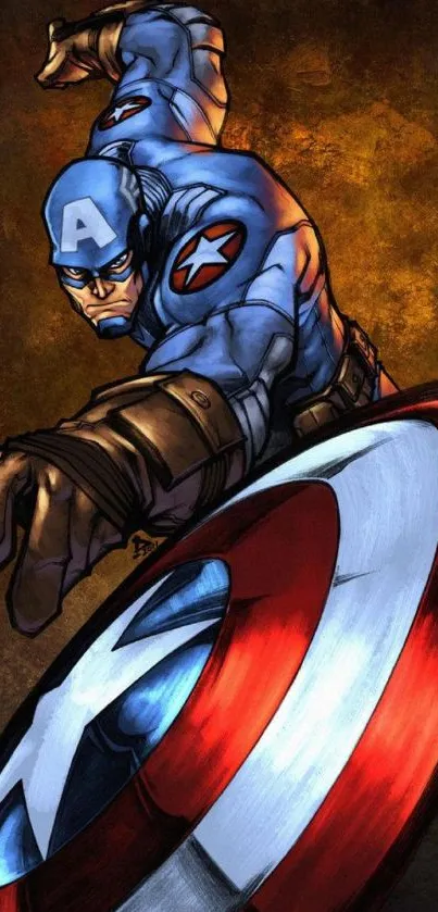 Superhero mobile wallpaper featuring iconic shield and dynamic action pose.