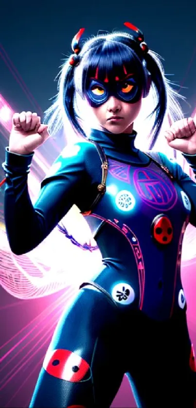 Anime superhero with neon lights and dynamic pose, perfect for mobile wallpaper.