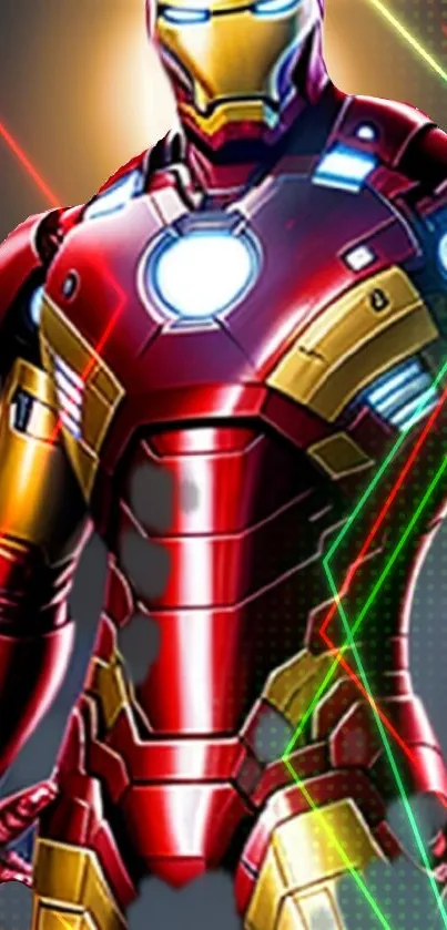 Superhero in red and gold armor with vibrant light effects on wallpaper.