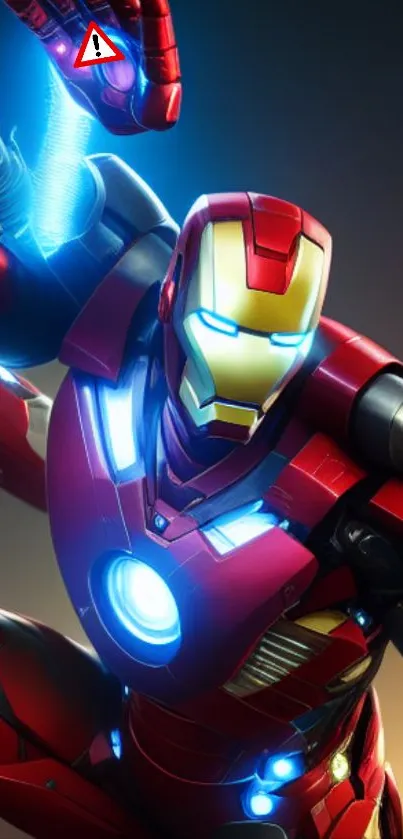 Superhero in vibrant red armor with glowing blue highlights.