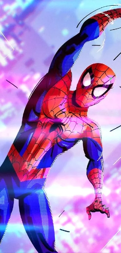 Colorful superhero swinging across a vibrant cityscape.