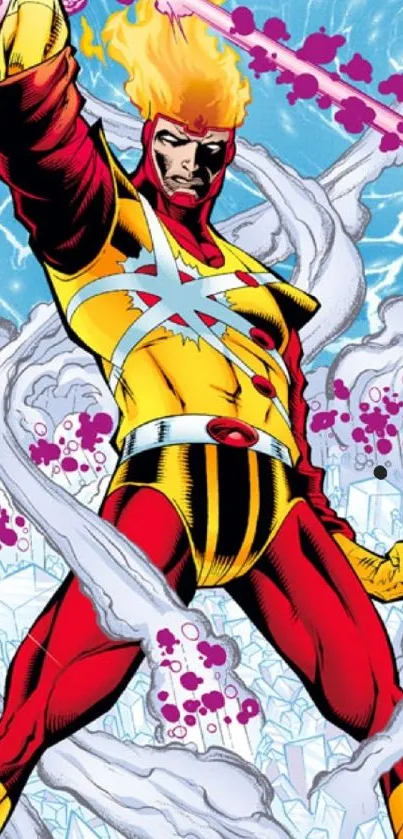 Colorful superhero artwork with dynamic red and yellow costume.