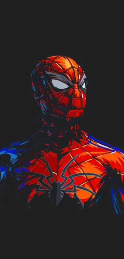 Dynamic superhero art with red and blue hues on black background.