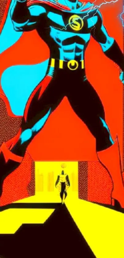 Striking superhero in vibrant colors with dynamic background.