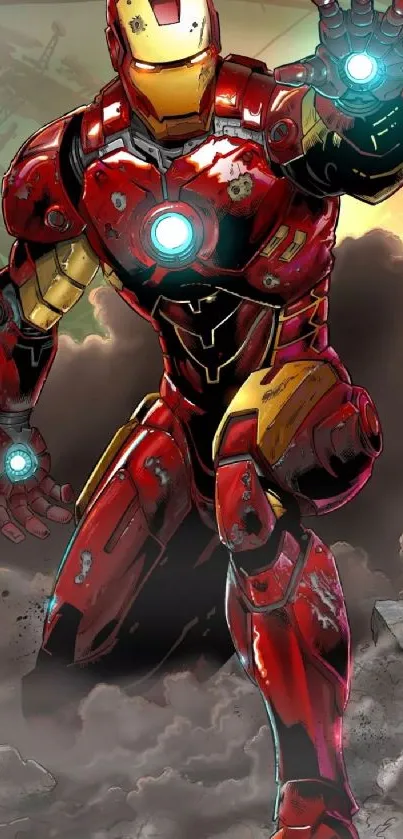 Comic-style superhero in dynamic red armor pose.