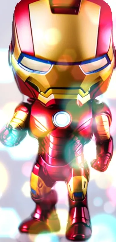 Vibrant superhero in red and gold armor with dynamic colorful background.