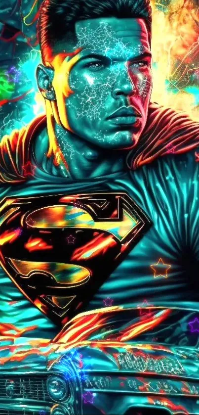 Colorful superhero with neon effects and dynamic composition.