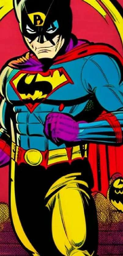 Vibrant comic-style superhero on colorful wallpaper.