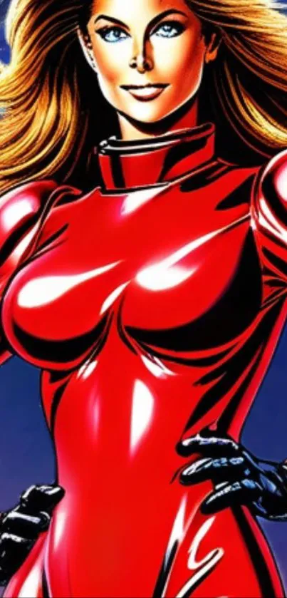 Vibrant superhero artwork in red costume.