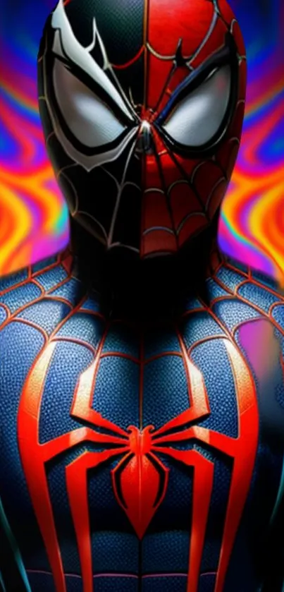 Superhero in vibrant red and blue suit with a colorful background.