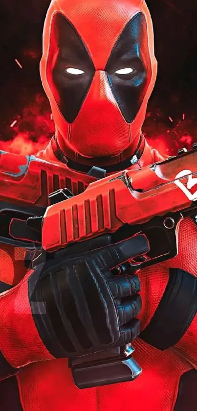 Vibrant superhero in red and black, holding guns with intense expression.