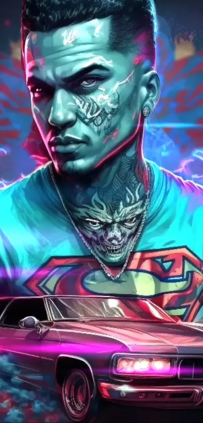 Neon superhero with car and colorful background art.