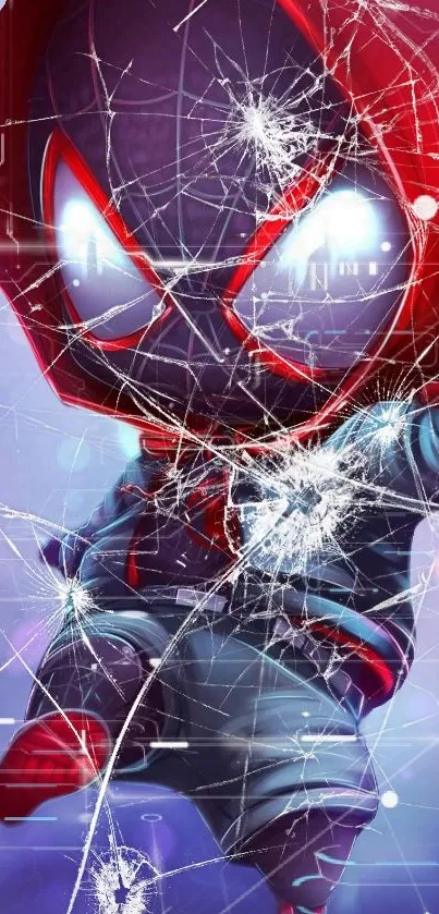 Cartoon superhero with shattered glass background.