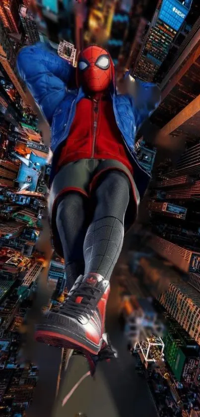 Superhero floating above vibrant city skyline.