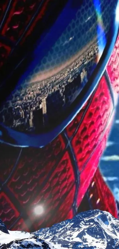 Superhero cityscape reflection on a vibrant red and blue background.