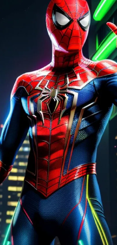 Superhero standing in vibrant city lights with a neon-tinged urban background.