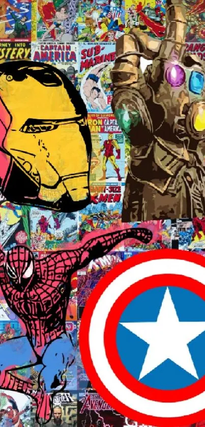 Marvel superheroes collage wallpaper with vibrant comic designs.