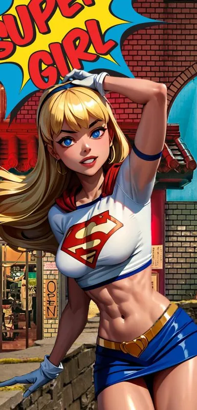 Vibrant superhero comic art with a dynamic female hero in an urban setting.