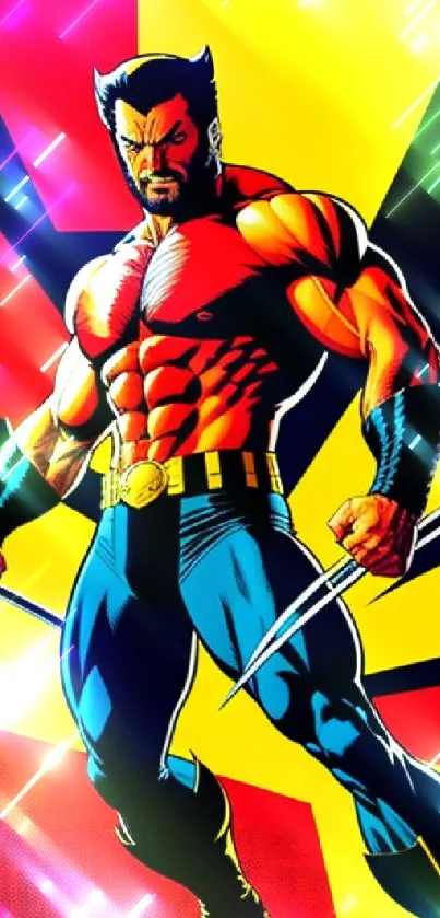 Vibrant superhero comic art with bold yellow background.