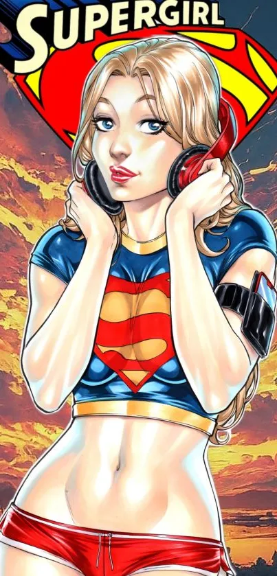 Vibrant Supergirl digital art in comic style with dynamic orange background.