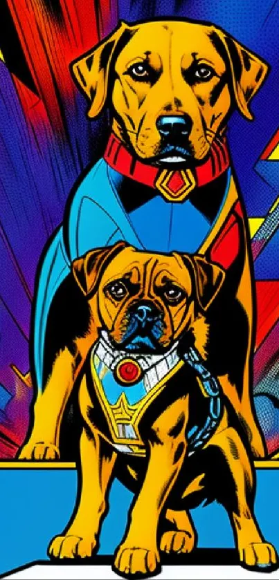 Colorful comic-style wallpaper with superhero dogs.