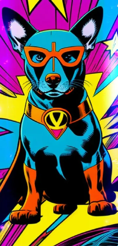 Colorful superhero dog illustration with vibrant comic style.