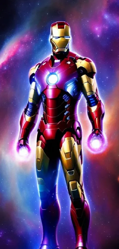 Superhero standing in a vibrant cosmic galaxy with glowing lights.