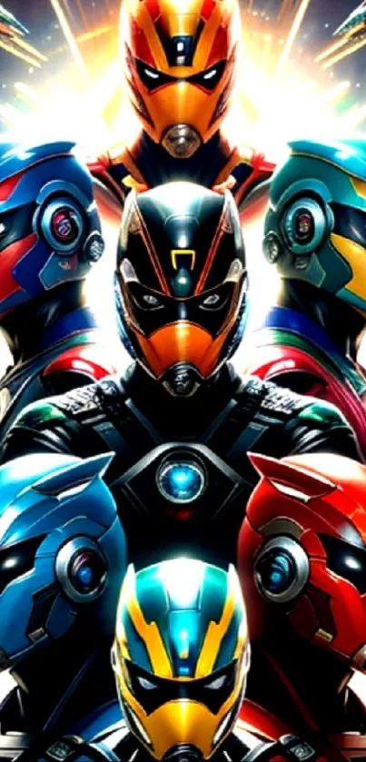 Dynamic superhero helmets in colorful futuristic design on mobile wallpaper.