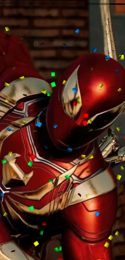 Superhero in red and gold suit with colorful confetti.