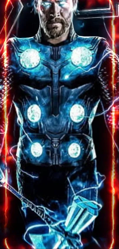 Superhero with glowing armor surrounded by lightning in a vibrant design.