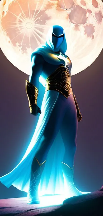 Superhero stands against a luminous full moon in a vibrant night scene.