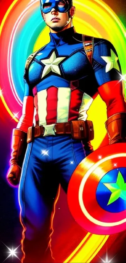 Colorful superhero with shield on vibrant background.