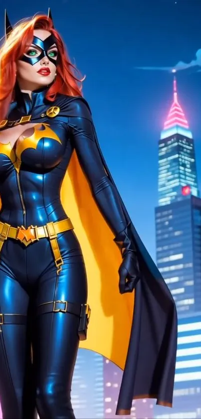 Superhero in vibrant cityscape at night.