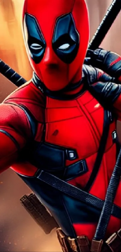 Vibrant superhero with red suit and weapons in a striking pose.