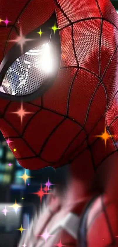 Red superhero mask mobile wallpaper with sparkling effects.