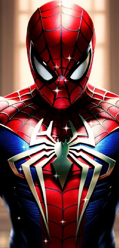 Dynamic superhero in red and blue suit with a detailed design.