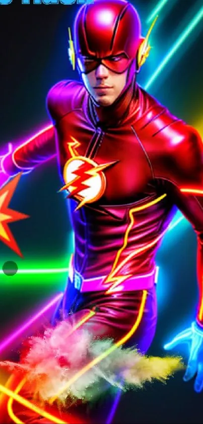 Vibrant superhero in neon suit with colorful flashes.