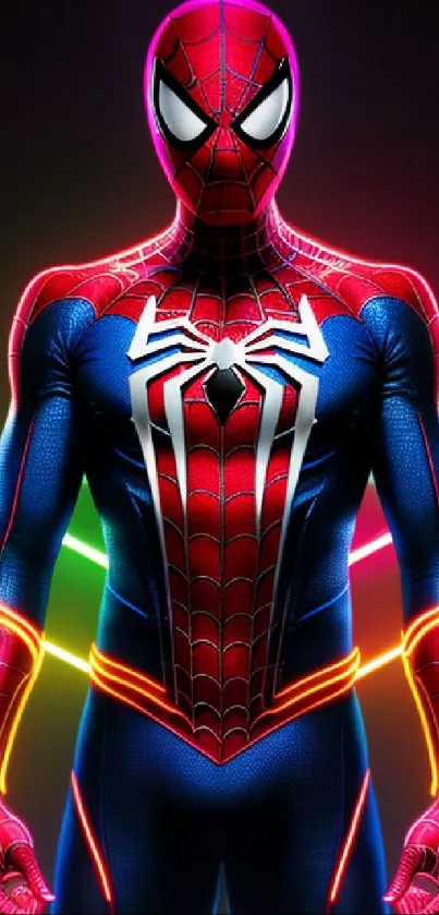 Superhero action wallpaper with vibrant neon colors on a mobile screen.