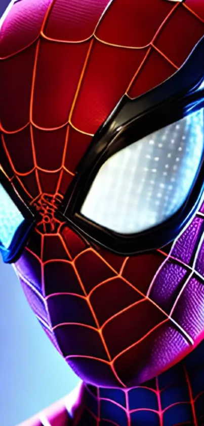 Superhero in red armored suit with glowing pattern in urban setting.
