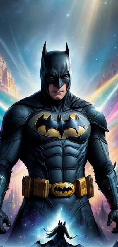 Superhero in dark suit with vibrant colorful background.