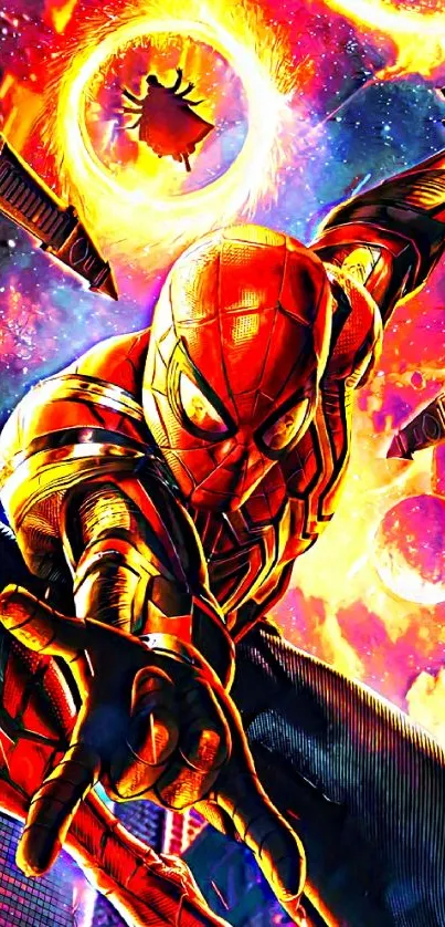 Superhero in vibrant action with fiery red tones.