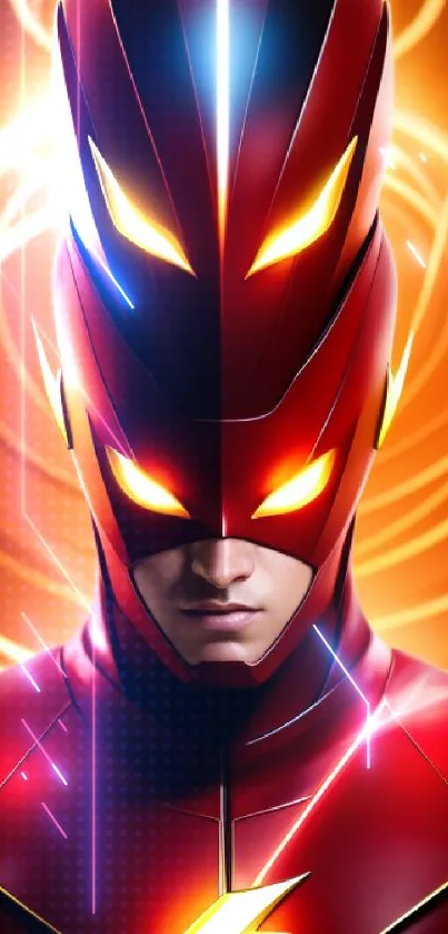 Vibrant superhero in red and orange tones with lightning detail.