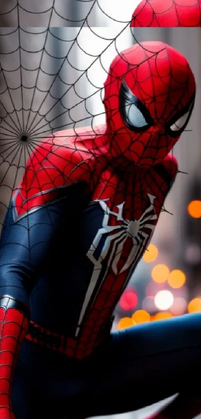 Superhero in red and blue suit with web and city lights.