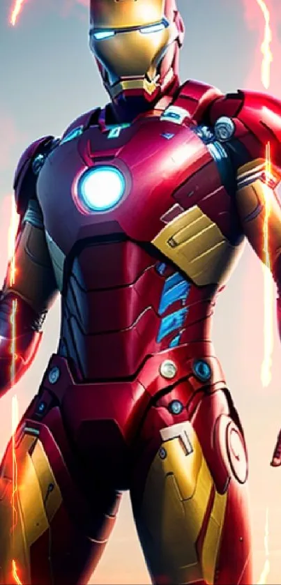 Heroic figure in red armor standing against a sunset backdrop.