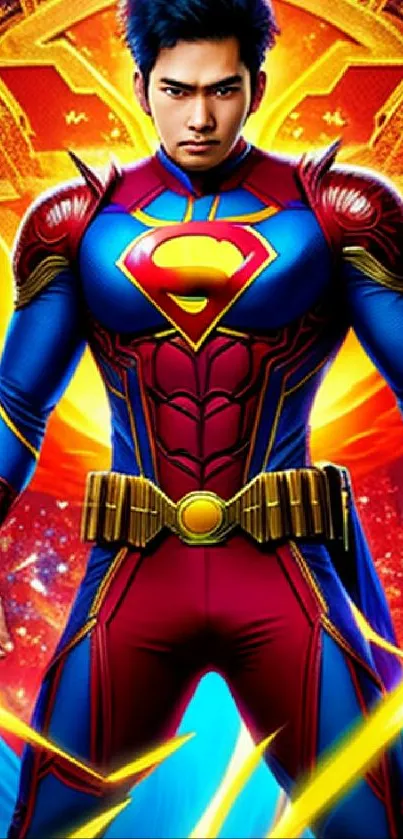 Vibrant superhero in colorful costume with dynamic design for mobile wallpaper.