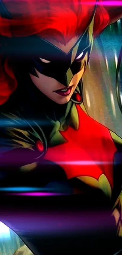 Superhero in red and black costume with vibrant background.