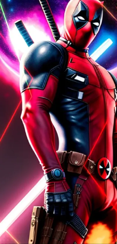 Superhero in red suit with cosmic background.