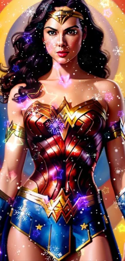 Superhero in red costume with colorful effects on wallpaper.